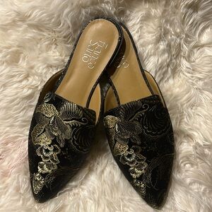 Franco Sarto Black & Gold Embroidered Pointed Mule